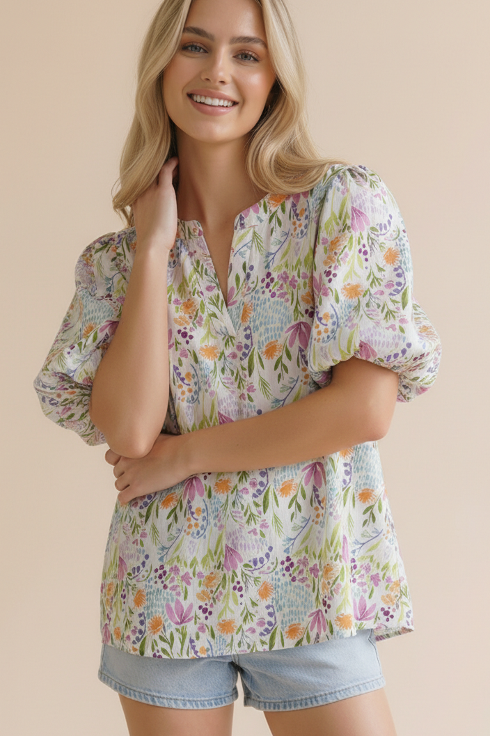 Haptics Running Through Wildflowers Flutter Sleeve Blouse