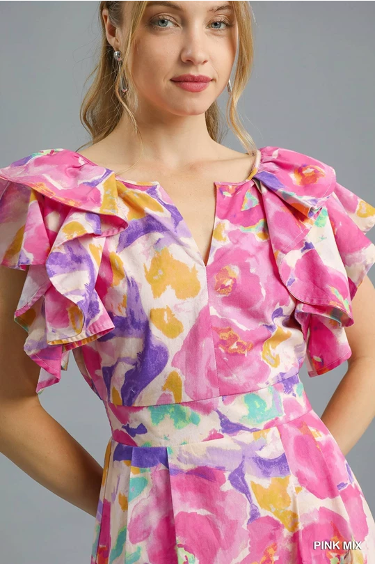 Umgee Pink Watercolor Floral Ruffled Cap Sleeve Midi Dress
