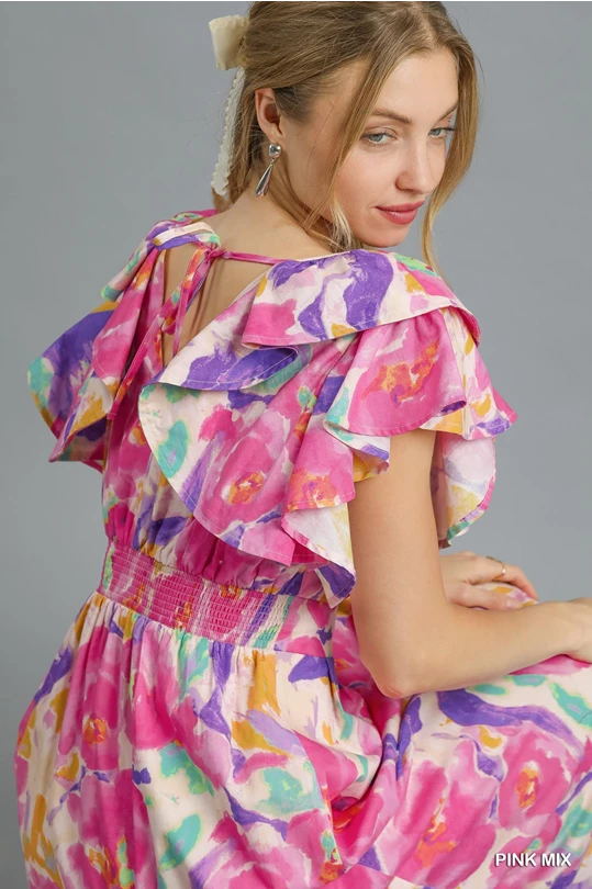 Umgee Pink Watercolor Floral Ruffled Cap Sleeve Midi Dress