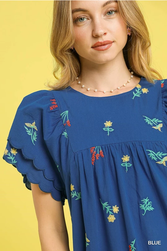 Umgee Floral Embroidered Short Flutter Sleeve Mini Dress