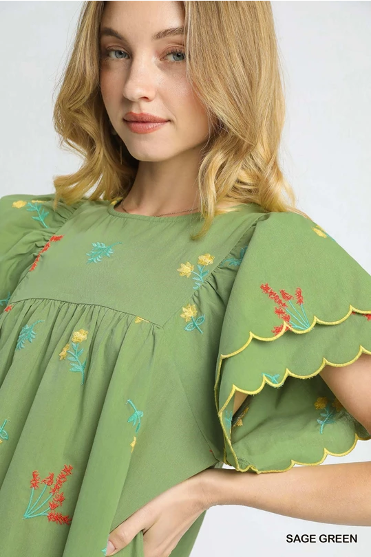 Umgee Green Floral Embroidered Short Flutter Sleeve Mini Dress