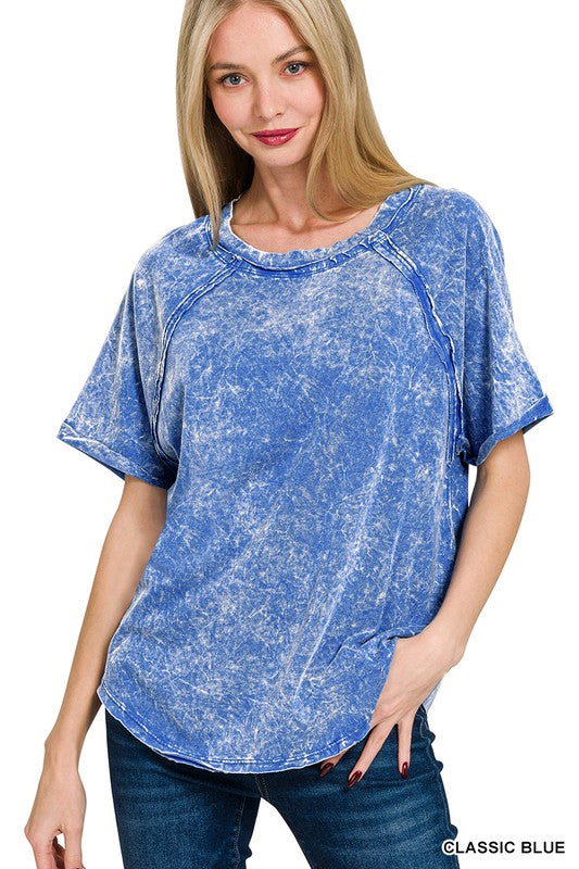 Zenana Ash Black Back Patch Crinkle Washed Raglan Sleeve T-Shirts