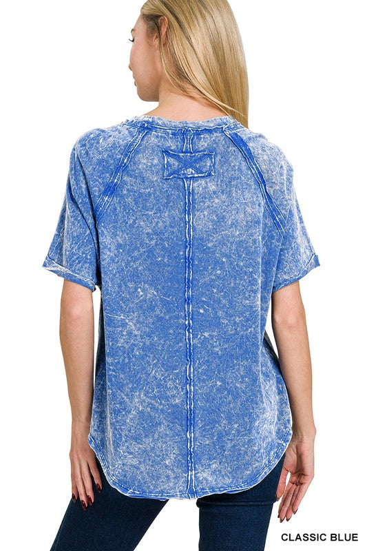 Zenana Ash Black Back Patch Crinkle Washed Raglan Sleeve T-Shirts