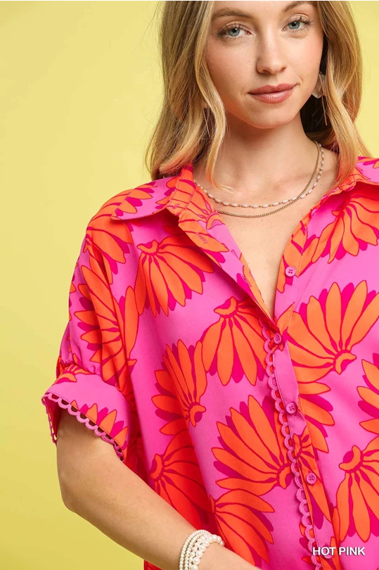 Umgee Hot Pink Neon Tropical Print Button-Up Shirt
