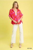 Umgee Hot Pink Neon Tropical Print Button-Up Shirt