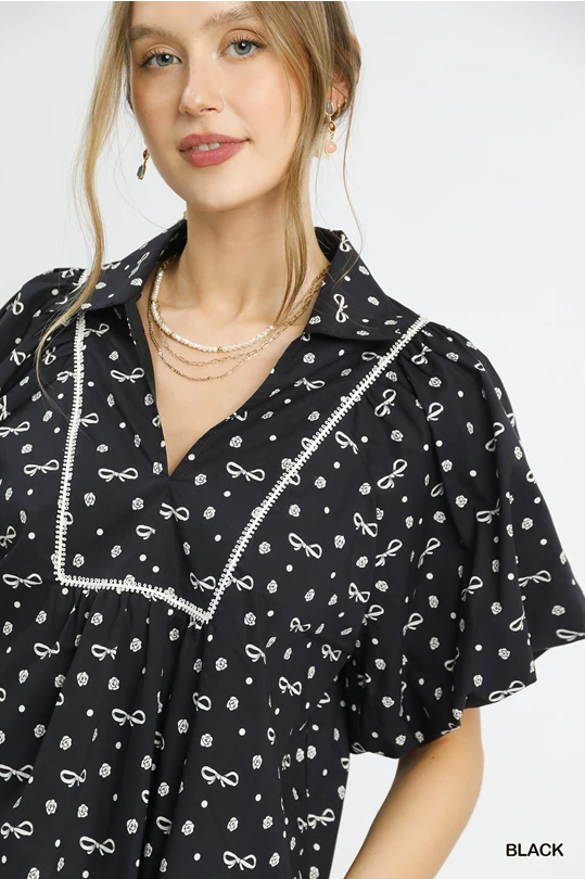 Umgee Black Bow Puff Sleeve Babydoll Blouse