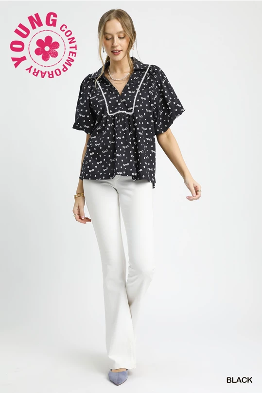 Umgee Black Bow Puff Sleeve Babydoll Blouse