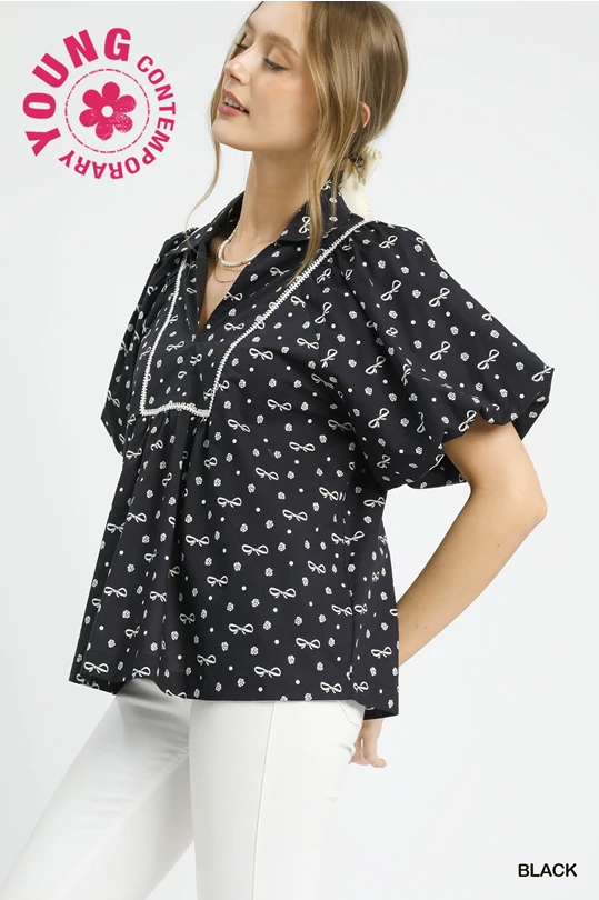 Umgee Black Bow Puff Sleeve Babydoll Blouse