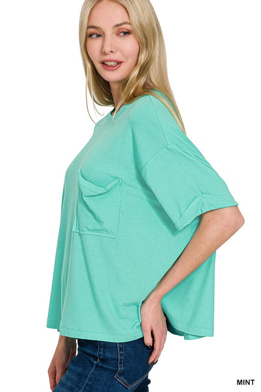 Zenana Light Navy Oversized Ribbed Round Neck Short Sleeve Tee