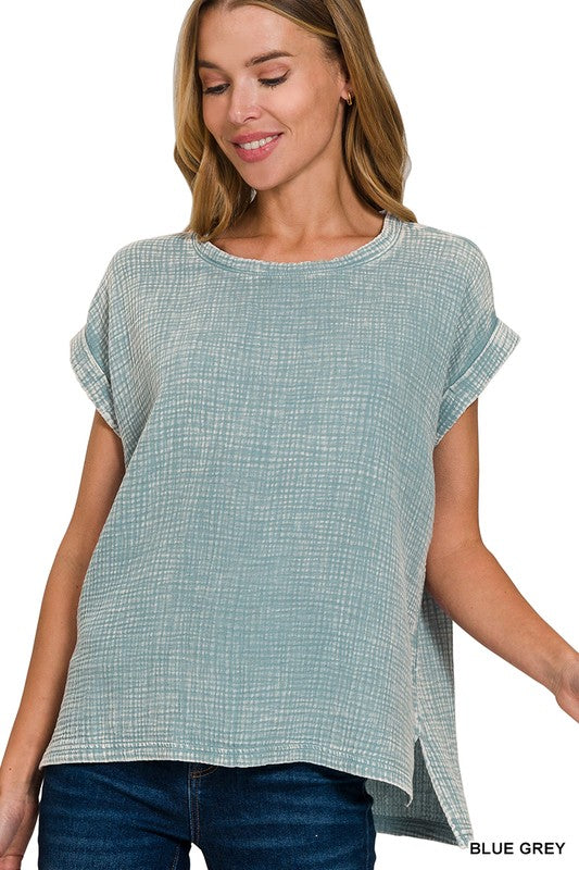 Zenana Deep Sky Woven Double Gauze Acid Washed Short Sleeve Top