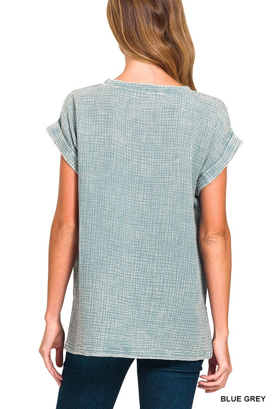 Zenana Deep Sky Woven Double Gauze Acid Washed Short Sleeve Top