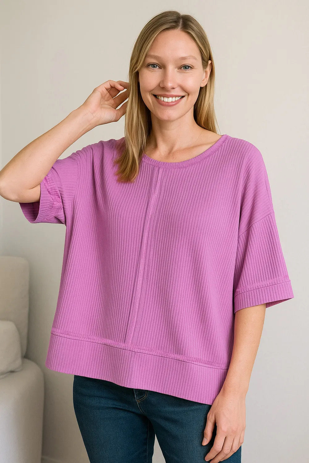 Zenana Mauve Ribbed Boat Neck 3/4 Sleeve Top