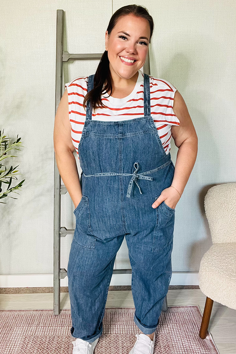 Haptics Cotton Denim Baggy Leg Bib Overall Jumper