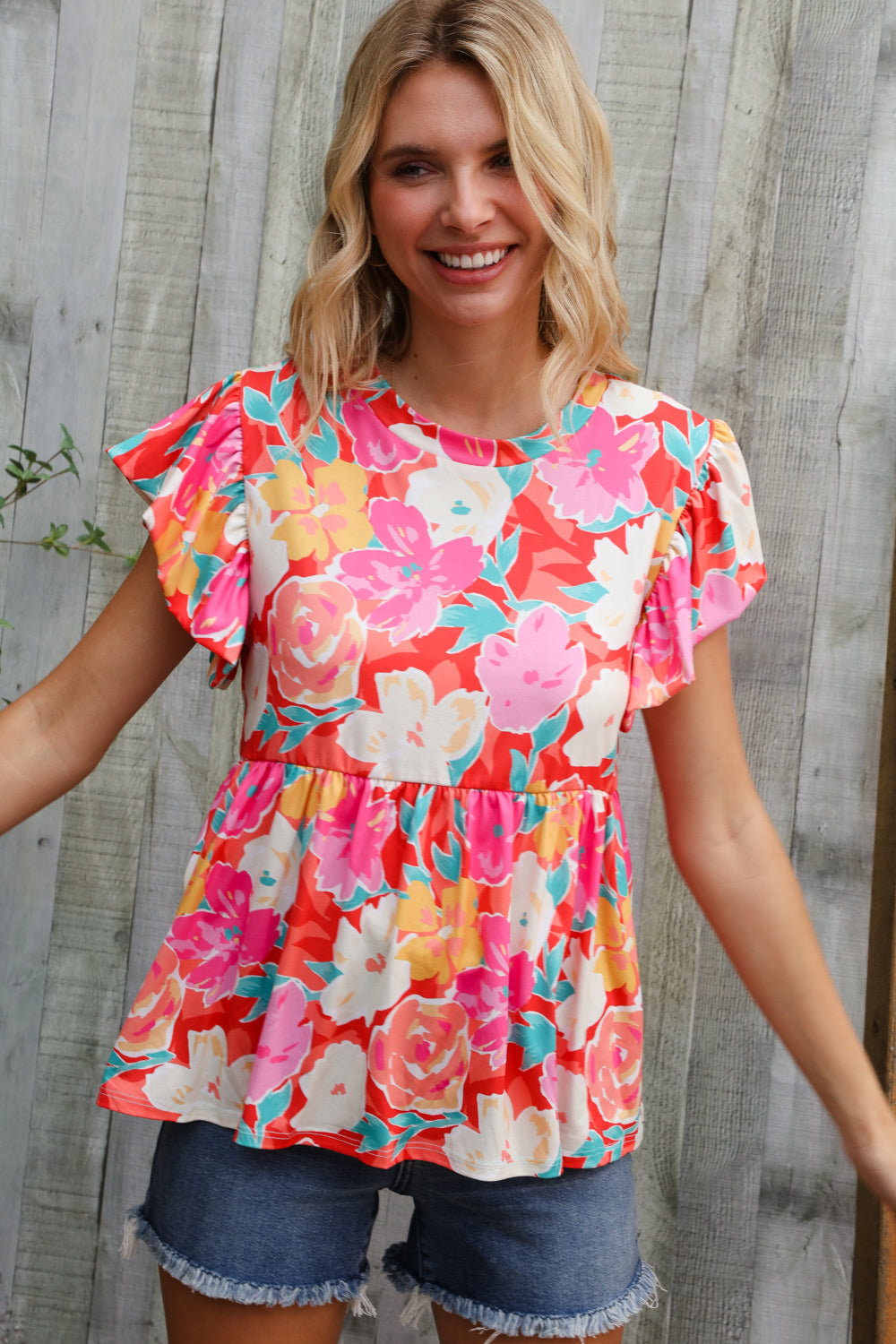 Haptics Coral Floral Print Folded Short Sleeve Babydoll Top
