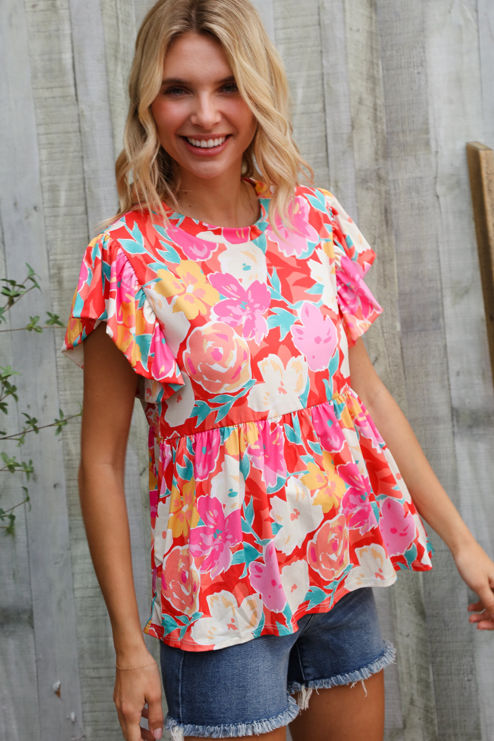 Haptics Coral Floral Print Folded Short Sleeve Babydoll Top