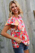 Haptics Coral Floral Print Folded Short Sleeve Babydoll Top