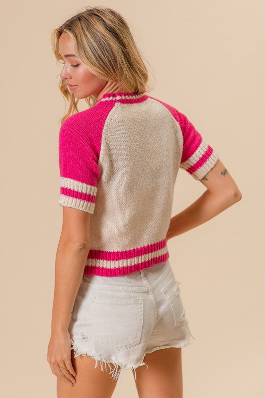 BiBi Jade Crochet Flower Patches Striped Rib Band Sweater