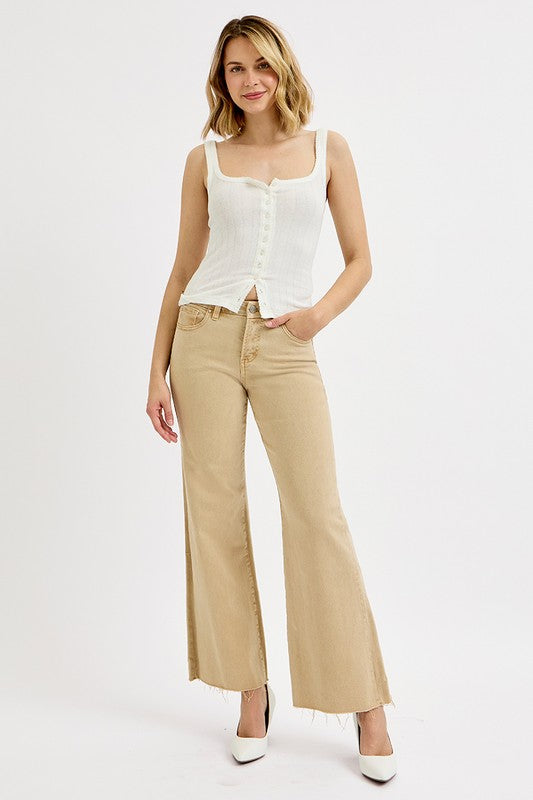 RISEN Tan Tummy Control Raw Hem Wide Leg Jeans