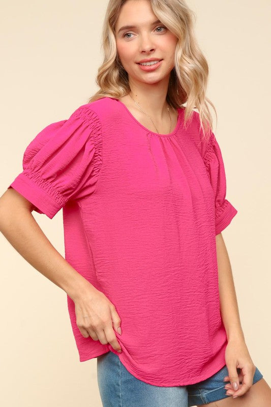 Haptics Perfectly You Solid Fuchsia Silk Shirred Cap Short Sleeve Blouse