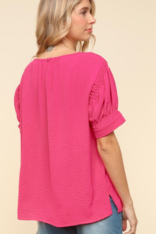 Haptics Perfectly You Solid Fuchsia Silk Shirred Cap Short Sleeve Blouse