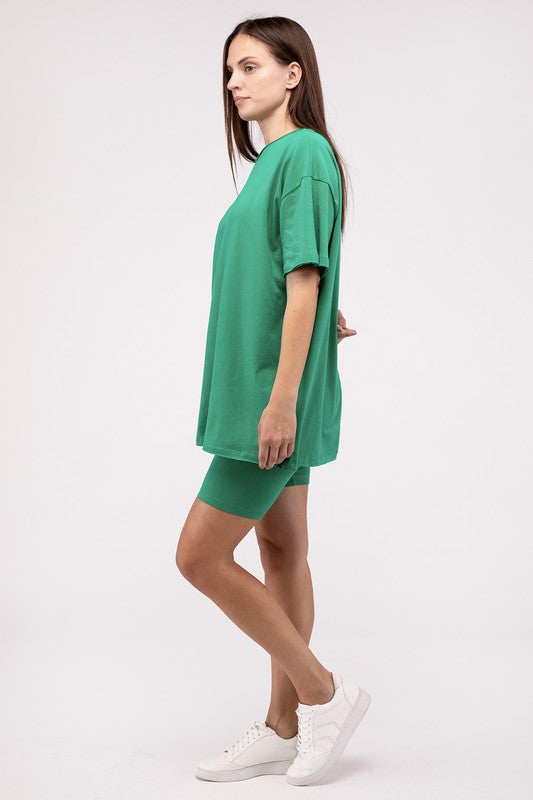 Zenana Kelly Green Cotton Round Neck Top & Biker Shorts