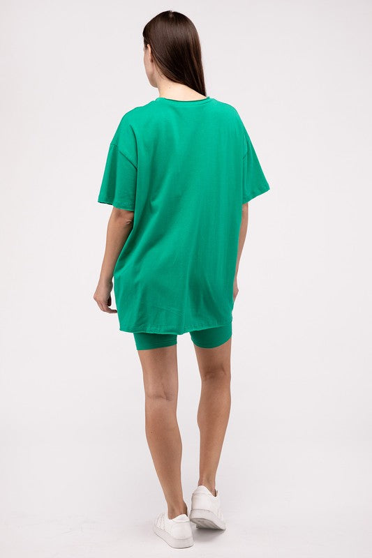 Zenana Kelly Green Cotton Round Neck Top & Biker Shorts