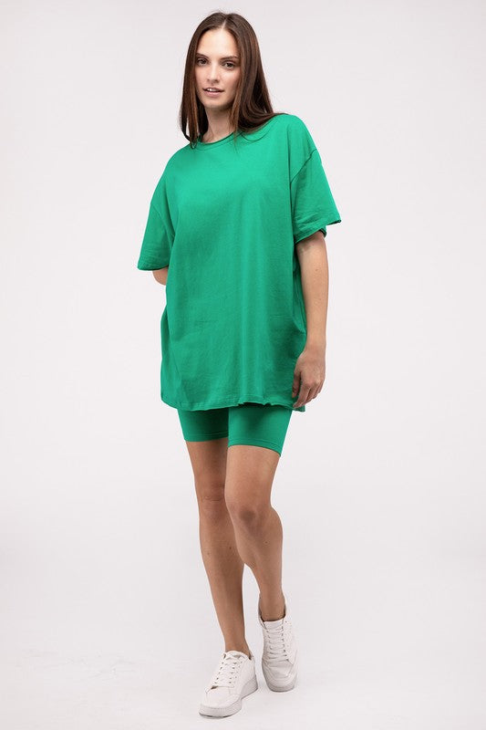 Zenana Kelly Green Cotton Round Neck Top & Biker Shorts