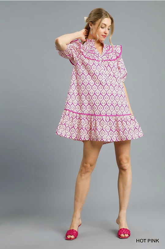 Umgee Hot Pink Abstract Printed Ruffle Trim Puff Sleeve Mini Dress