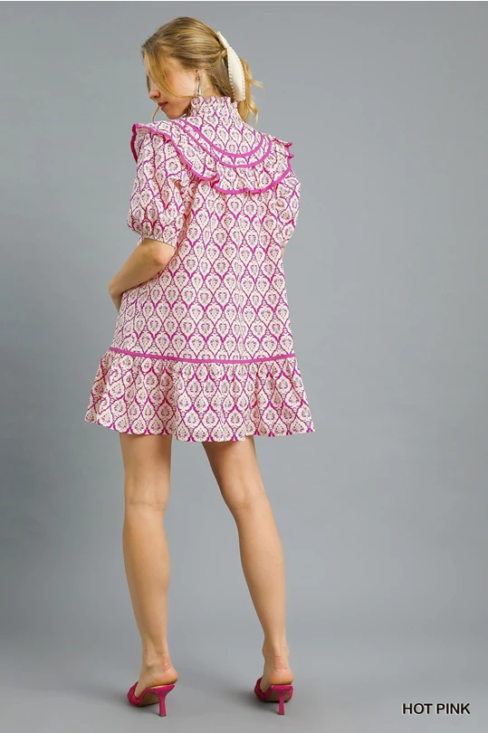 Umgee Hot Pink Abstract Printed Ruffle Trim Puff Sleeve Mini Dress