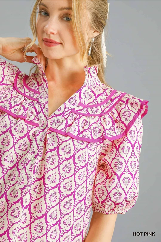 Umgee Hot Pink Abstract Printed Ruffle Trim Puff Sleeve Mini Dress