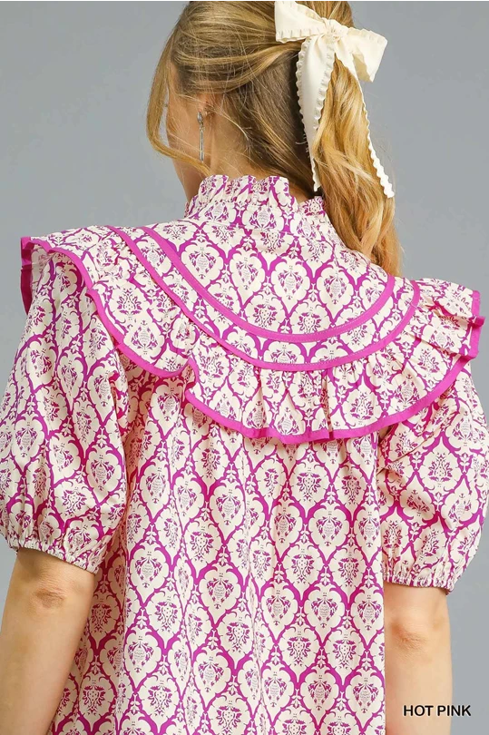 Umgee Hot Pink Abstract Printed Ruffle Trim Puff Sleeve Mini Dress