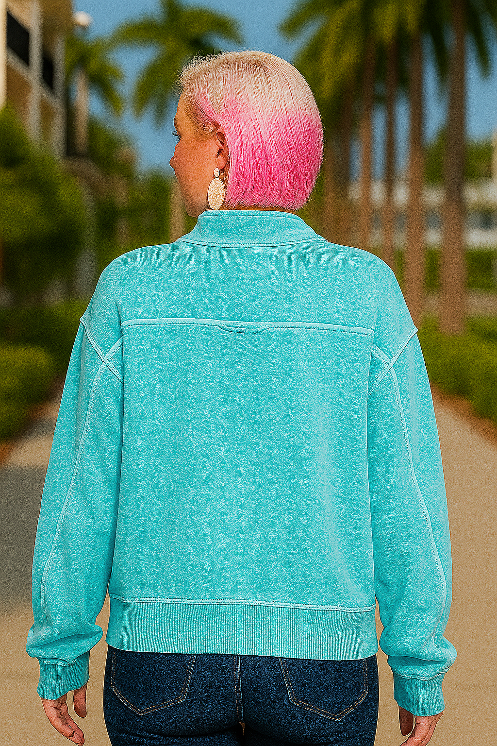 Zenana Ice Blue French Terry Pigment & Enzyme Washing Half Zip Top