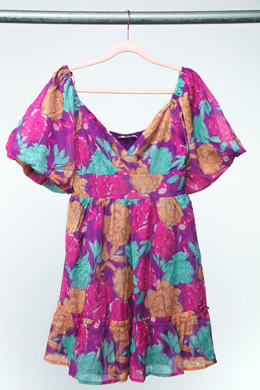 Peach Love Purple Multi Floral Woven Lined Banded Surplice Dress