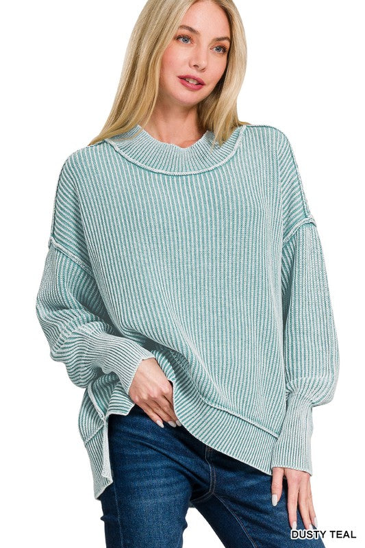 Zenana Dusty Blue Washed Side Slit Oversized Sweater