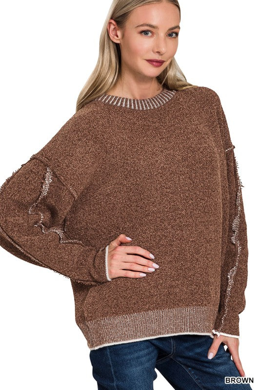 Zenana Deep Camel Exposed Seam Round Neck Sweater