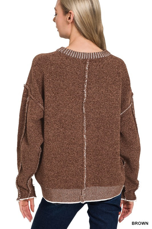 Zenana Deep Camel Exposed Seam Round Neck Sweater