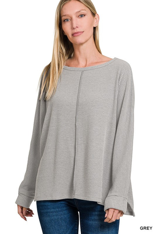 Zenana Beige Ribbed Center Seam Dolman Sleeve Hi Low Sweater