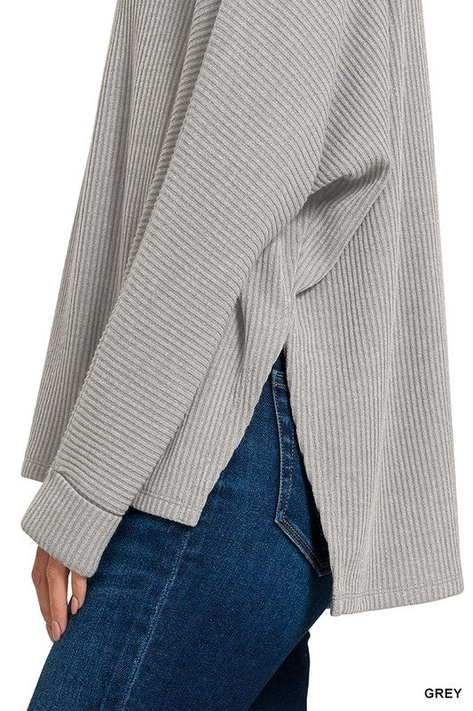 Zenana Beige Ribbed Center Seam Dolman Sleeve Hi Low Sweater