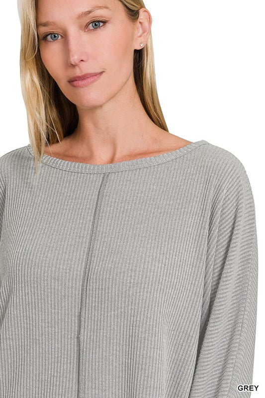 Zenana Beige Ribbed Center Seam Dolman Sleeve Hi Low Sweater