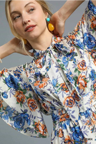 Umgee Royal Blue Flutter Sleeve Bow Tie Floral Midi Dress