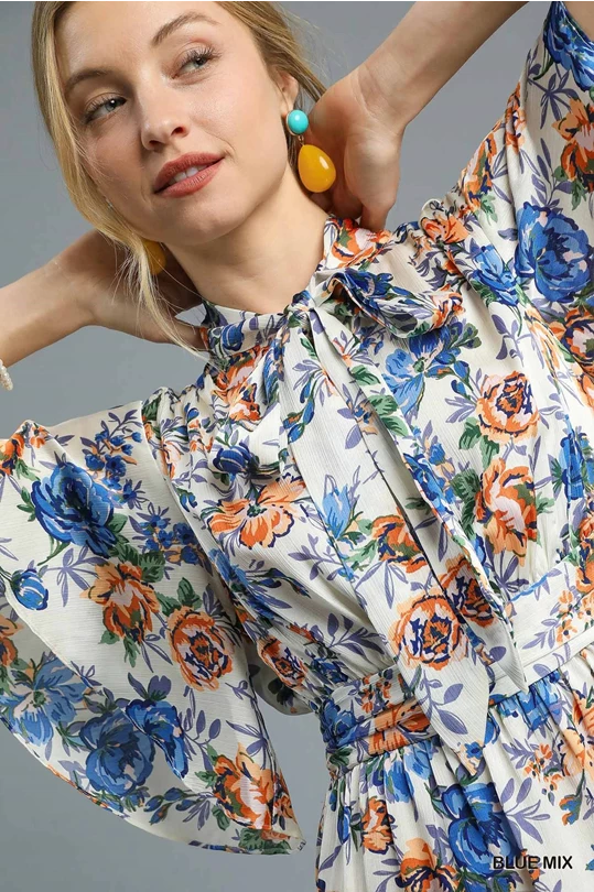 Umgee Royal Blue Flutter Sleeve Bow Tie Floral Midi Dress