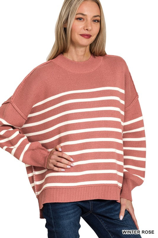 Zenana Black Exposed Seam Striped Oversized Sweater