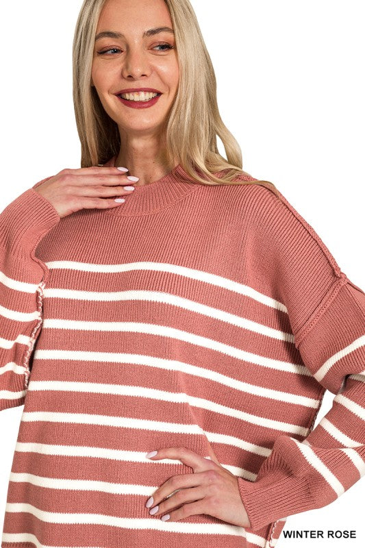Zenana Black Exposed Seam Striped Oversized Sweater