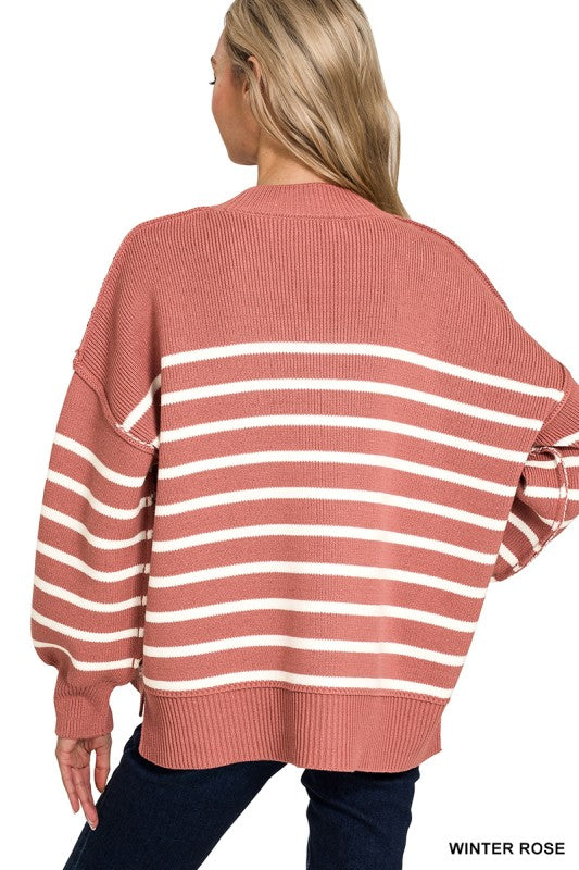 Zenana Black Exposed Seam Striped Oversized Sweater