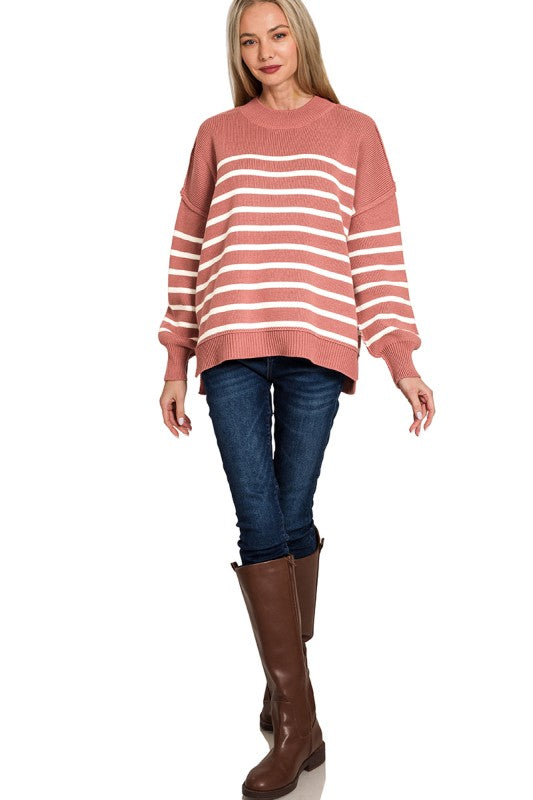 Zenana Black Exposed Seam Striped Oversized Sweater