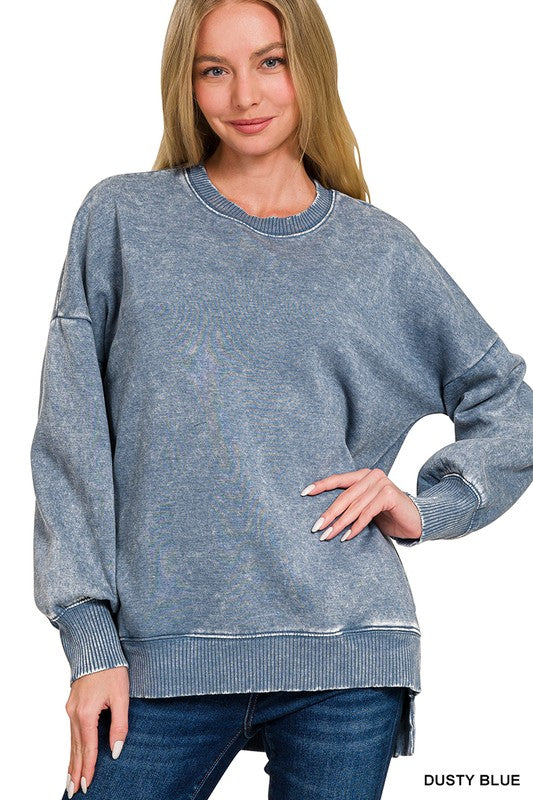 Zenana Mocha Acid Wash Exposed-Seam High Low Sweatshirt