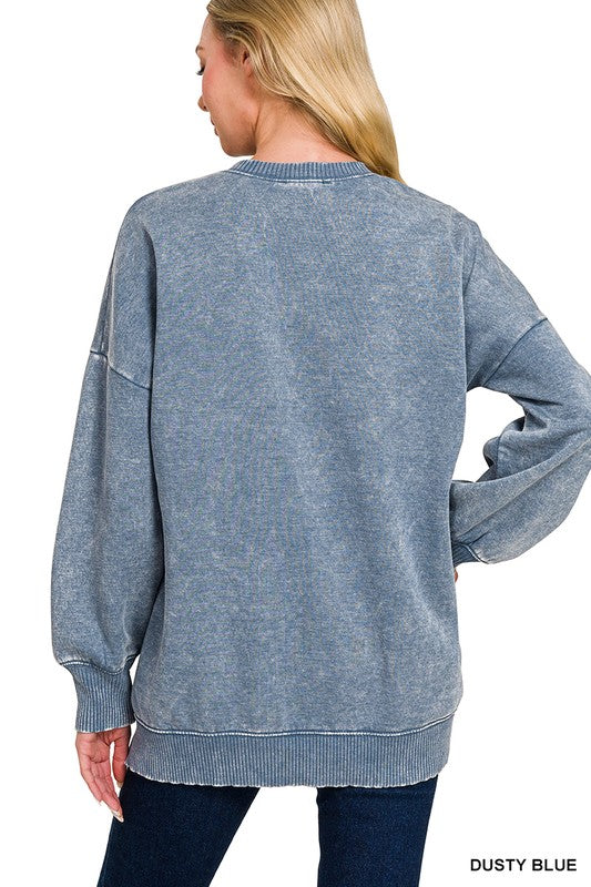 Zenana Mocha Acid Wash Exposed-Seam High Low Sweatshirt
