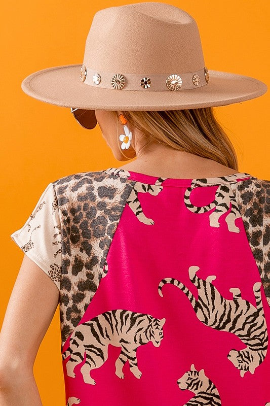 BiBi Green Tiger Printed Jersey Block T-Shirt with Leooard & Aztec Trim