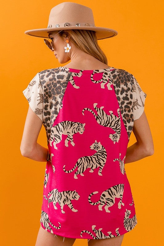 BiBi Green Tiger Printed Jersey Block T-Shirt with Leooard & Aztec Trim