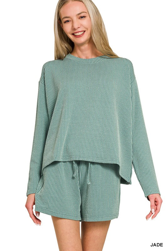 Zenana Dark Olive Corded Rib Long Sleeve Tee and Shorts Set